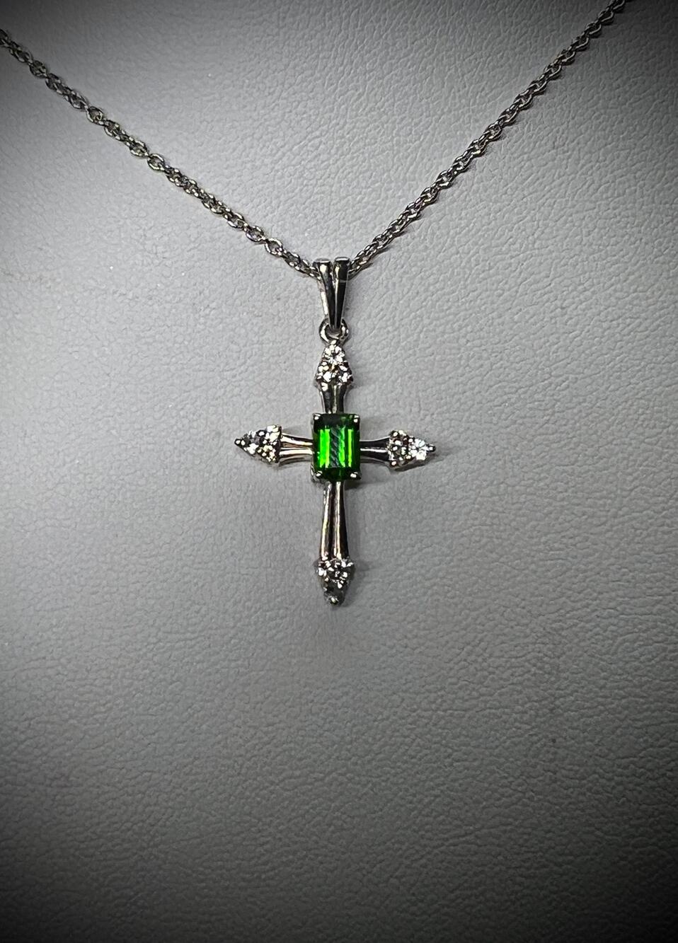 Elegant Diopside and Moissanite Cross Necklace in Solid Sterling Silver